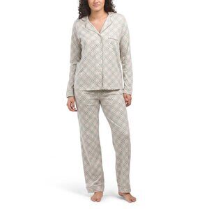 POPPY & CLAY Beige Organic Cotton Plaid Notch Collar Pj Set